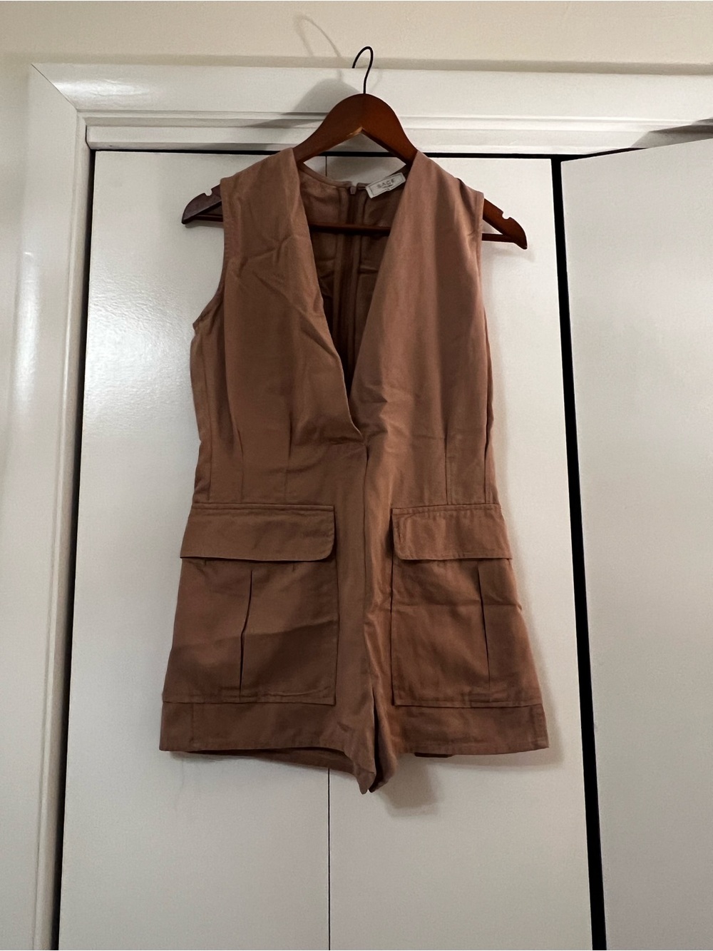 Sage Sleeveless Utility Romper in Tan